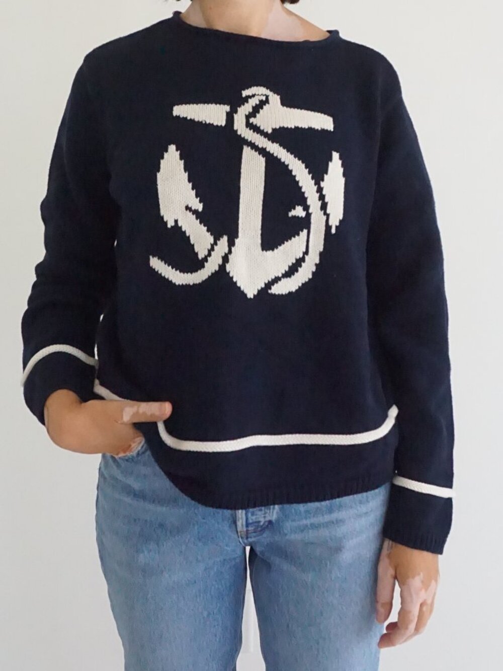 Vintage Liz Claiborne Navy Cream Anchor Rope Sailor Maritime Cotton Sweater M